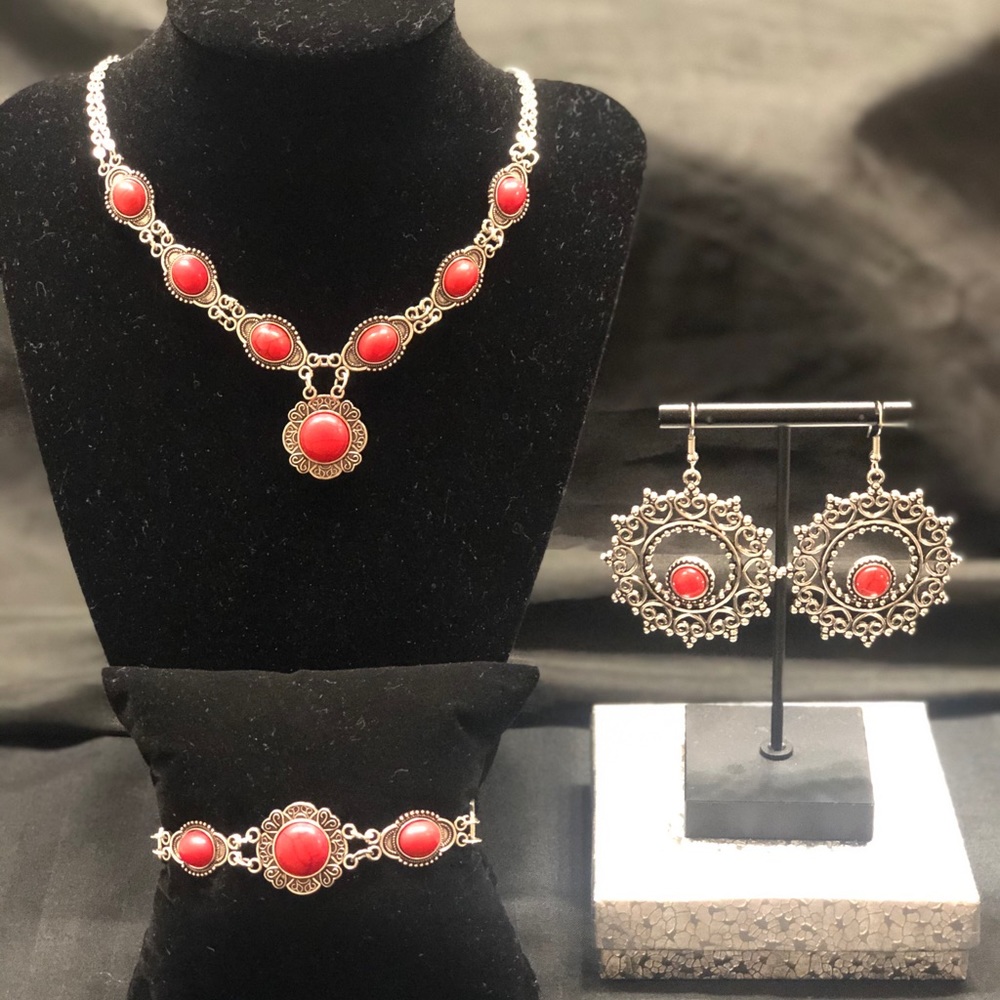 Southern Style Red and Silver Jewelry Set
